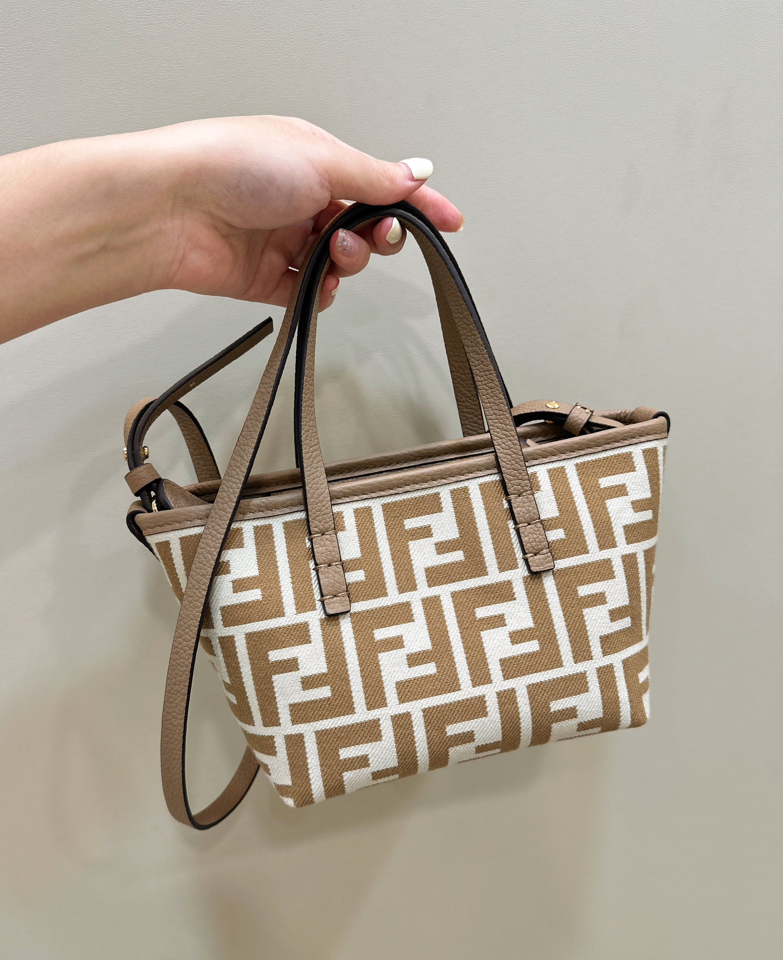 Fendi Mini Roll FF Jacquard Fabric Shoulder Bag Beige